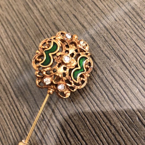 Vintage FLORENZA Stick Pin brooch Green Enamel & Rhinestones - Picture 3 of 16